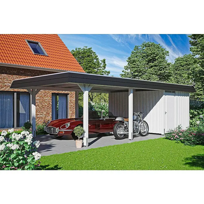 SKAN HOLZ Carport Wendland - Außenmaß inkl. Dachüberstand (B x T): 4,09 x 8,7 m, Einzelcarport, Weiß, Farbe Dach: Anthrazit, Materialspezifizierung Dach: EPDM-Folie, Fichte, Mit Abstellraum - Carport mit Oldtimer-Auto und Motorrad, eine elegante Ergänzung für jedes Haus. Der Carport bietet Schutz vor Witterungseinflüssen.