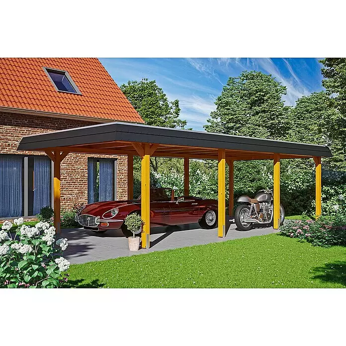 SKAN HOLZ Carport Wendland - Außenmaß inkl. Dachüberstand (B x T): 4,09 x 8,7 m, Einzelcarport, Eiche Hell, Farbe Dach: Anthrazit, Materialspezifizierung Dach: EPDM-Folie, Fichte - Anwendungsbeispiel