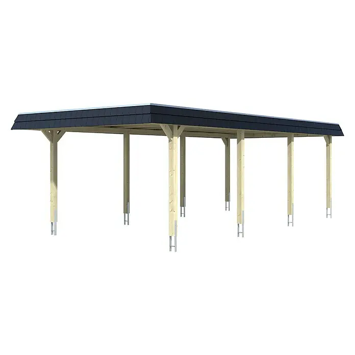 SKAN HOLZ Carport Wendland - Außenmaß inkl. Dachüberstand (B x T): 4,09 x 8,7 m, Einzelcarport, Nussbaum, Farbe Dach: Anthrazit, Materialspezifizierung Dach: EPDM-Folie, Fichte - Produktansicht des Carports mit dunklem Dach und hellen Holzpfosten. Robuste Bauweise und modernes Design.