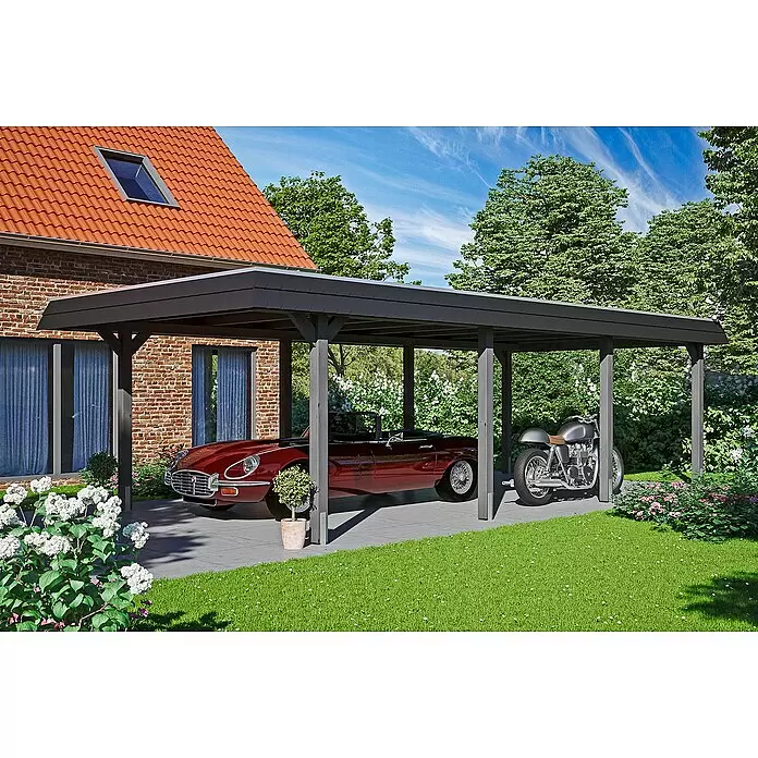 SKAN HOLZ Carport Wendland - Außenmaß inkl. Dachüberstand (B x T): 4,09 x 8,7 m, Einzelcarport, Schiefergrau, Farbe Dach: Anthrazit, Materialspezifizierung Dach: EPDM-Folie, Fichte - Anwendungsbeispiel