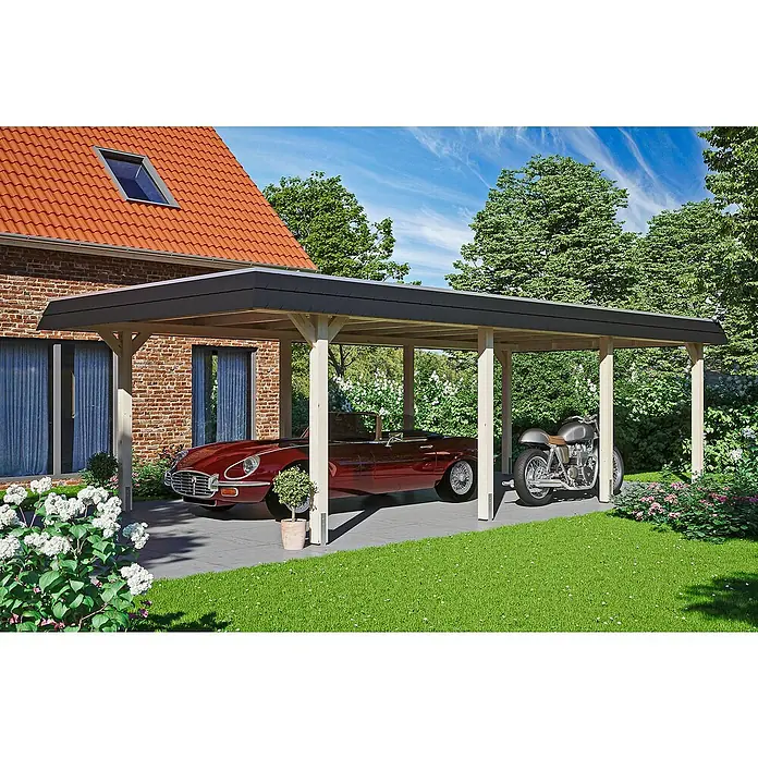 SKAN HOLZ Carport Wendland - Außenmaß inkl. Dachüberstand (B x T): 4,09 x 8,7 m, Einzelcarport, Natur, Farbe Dach: Anthrazit, Materialspezifizierung Dach: EPDM-Folie, Fichte - Das Bild zeigt ein modernes Carport aus Holz mit einem roten Auto und einem Motorrad darunter. Das Carport bietet Schutz vor Wettereinflüssen.
