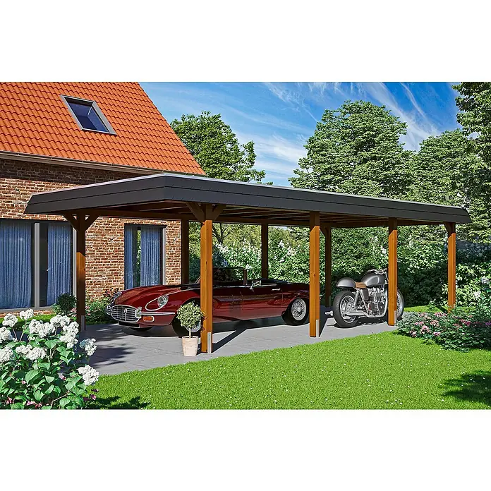 SKAN HOLZ Carport Wendland - Außenmaß inkl. Dachüberstand (B x T): 4,09 x 8,7 m, Einzelcarport, Nussbaum, Farbe Dach: Anthrazit, Materialspezifizierung Dach: EPDM-Folie, Fichte - Ein Carport aus Holz schützt ein rotes Auto und ein Motorrad vor den Elementen und bietet eine stilvolle Unterstellmöglichkeit.