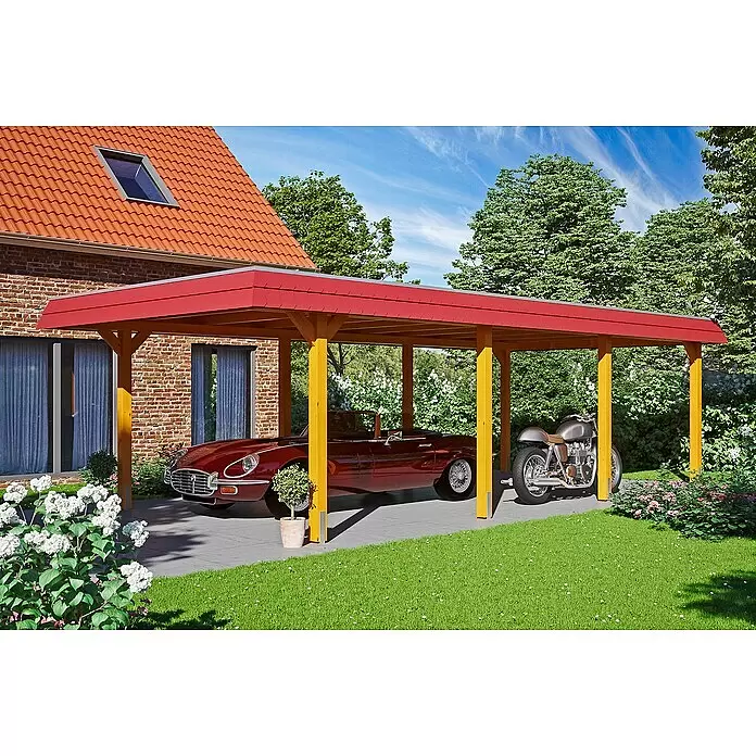 SKAN HOLZ Carport Wendland - Außenmaß inkl. Dachüberstand (B x T): 4,09 x 8,7 m, Einzelcarport, Eiche Hell, Materialspezifizierung Dach: EPDM-Folie, Fichte, Ohne Abstellraum - Anwendungsbeispiel