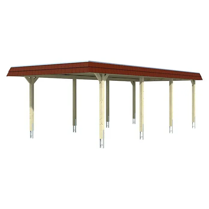 SKAN HOLZ Carport Wendland - Außenmaß inkl. Dachüberstand (B x T): 4,09 x 8,7 m, Einzelcarport, Weiß, Materialspezifizierung Dach: Aluminium, Ohne Abstellraum - Bild eines Carports mit rotem Dach und hellen Holzstützen, ideal für den Schutz Ihres Fahrzeugs vor Witterungseinflüssen.