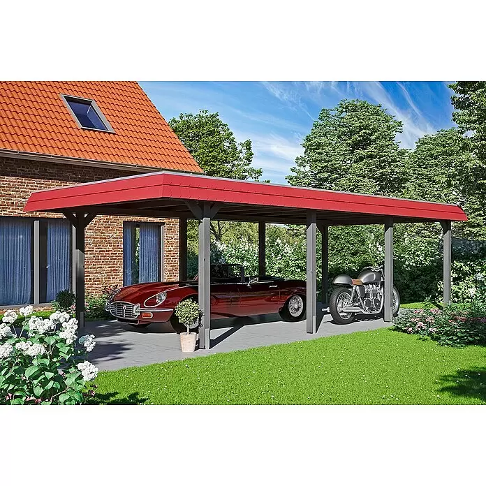 SKAN HOLZ Carport Wendland - Außenmaß inkl. Dachüberstand (B x T): 4,09 x 8,7 m, Einzelcarport, Schiefergrau, Materialspezifizierung Dach: EPDM-Folie, Fichte, Ohne Abstellraum - Anwendungsbeispiel