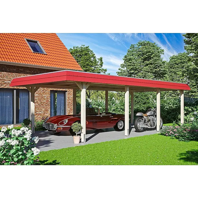 SKAN HOLZ Carport Wendland - Außenmaß inkl. Dachüberstand (B x T): 4,09 x 8,7 m, Einzelcarport, Natur, Materialspezifizierung Dach: EPDM-Folie, Fichte, Ohne Abstellraum - Eine rote Holzgarage mit einem Oldtimer-Auto und einem Motorrad darunter, umgeben von Grün.