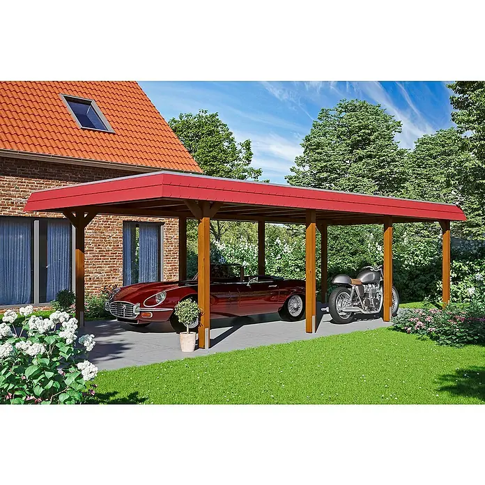 SKAN HOLZ Carport Wendland - Außenmaß inkl. Dachüberstand (B x T): 4,09 x 8,7 m, Einzelcarport, Nussbaum, Materialspezifizierung Dach: Aluminium, Ohne Abstellraum - Ein rotes Carport bietet Schutz für ein rotes Auto und ein Motorrad, mit einem Haus im Hintergrund.