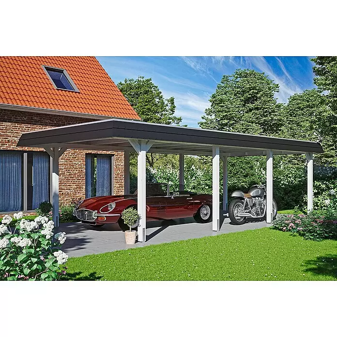 SKAN HOLZ Carport Wendland - Außenmaß inkl. Dachüberstand (B x T): 4,09 x 8,7 m, Einzelcarport, Weiß, Farbe Dach: Anthrazit, Materialspezifizierung Dach: EPDM-Folie, Fichte - Anwendungsbeispiel