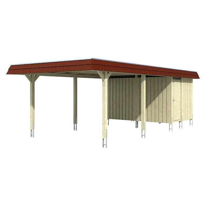SKAN HOLZ Carport Wendland - Außenmaß inkl. Dachüberstand (B x T): 4,09 x 8,7 m, Einzelcarport, Nussbaum, Materialspezifizierung Dach: Aluminium-Dachplatten, Mit Abstellraum - Modernes Carport mit integriertem Geräteschuppen, ideal für den Wetterschutz von Fahrzeugen und zur Aufbewahrung von Gartengeräten.