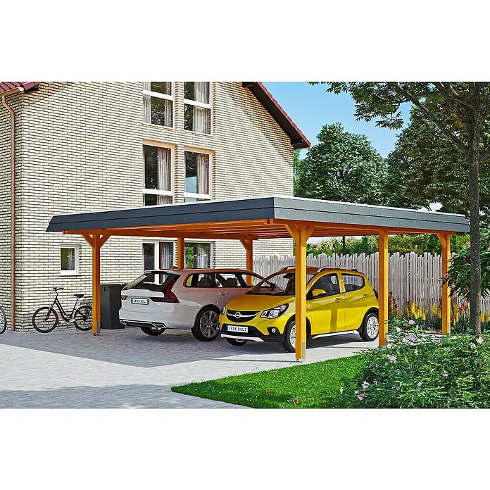 SKAN HOLZ Carport Wendland - Außenmaß inkl. Dachüberstand (B x T): 6,3 x 6,37 m, Doppelcarport, Eiche Hell, Farbe Dach: Anthrazit, Materialspezifizierung Dach: Aluminium-Dachplatten - Ein modernes Doppelcarport aus Holz mit zwei geparkten Autos darunter, das Schutz und Stil bietet.