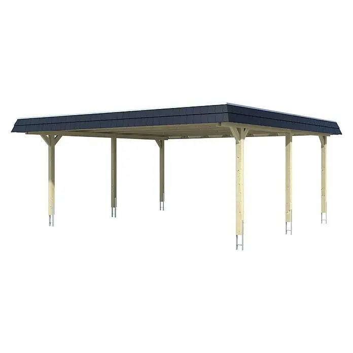 SKAN HOLZ Carport Wendland - Außenmaß inkl. Dachüberstand (B x T): 6,3 x 6,37 m, Doppelcarport, Eiche Hell, Farbe Dach: Anthrazit, Materialspezifizierung Dach: Aluminium-Dachplatten - Das Bild zeigt einen Carport mit einem dunklen Dach und hellen Holzpfosten. Der Carport ist freistehend und hat ein schlichtes Design.