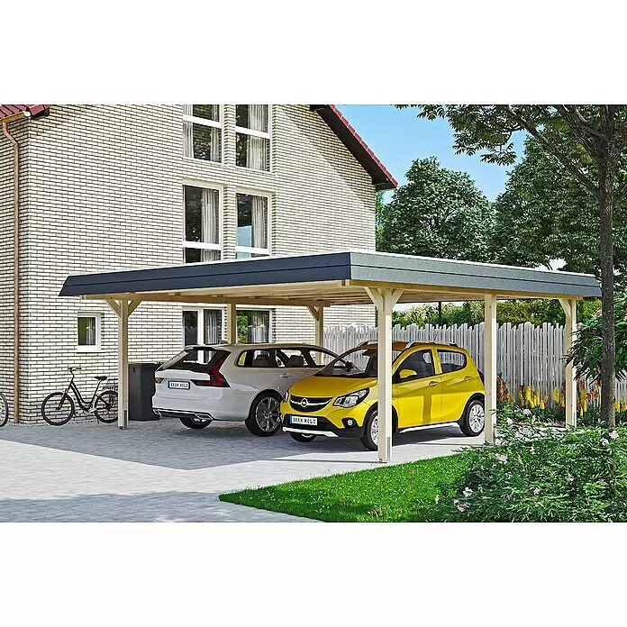 SKAN HOLZ Carport Wendland - Außenmaß inkl. Dachüberstand (B x T): 6,3 x 6,37 m, Doppelcarport, Natur, Farbe Dach: Anthrazit, Materialspezifizierung Dach: Aluminium-Dachplatten - Anwendungsbeispiel