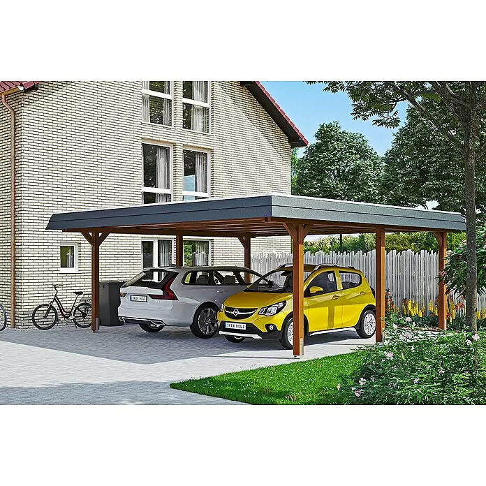 SKAN HOLZ Carport Wendland - Außenmaß inkl. Dachüberstand (B x T): 6,3 x 6,37 m, Doppelcarport, Nussbaum, Farbe Dach: Anthrazit, Materialspezifizierung Dach: Aluminium-Dachplatten - Anwendungsbeispiel