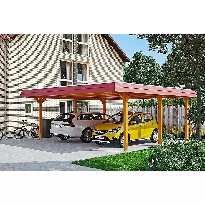 SKAN HOLZ Carport Wendland - Außenmaß inkl. Dachüberstand (B x T): 6,3 x 6,37 m, Doppelcarport, Eiche Hell, Farbe Dach: Rot, Materialspezifizierung Dach: EPDM-Folie, Fichte - Anwendungsbeispiel