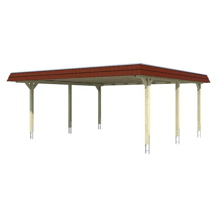 SKAN HOLZ Carport Wendland - Außenmaß inkl. Dachüberstand (B x T): 6,3 x 6,37 m, Doppelcarport, Weiß, Farbe Dach: Rot, Materialspezifizierung Dach: EPDM-Folie, Fichte - Abbildung eines stilvollen Carports mit Holzstruktur und rotem Ziegeldach, ideal als Unterstand für Fahrzeuge.