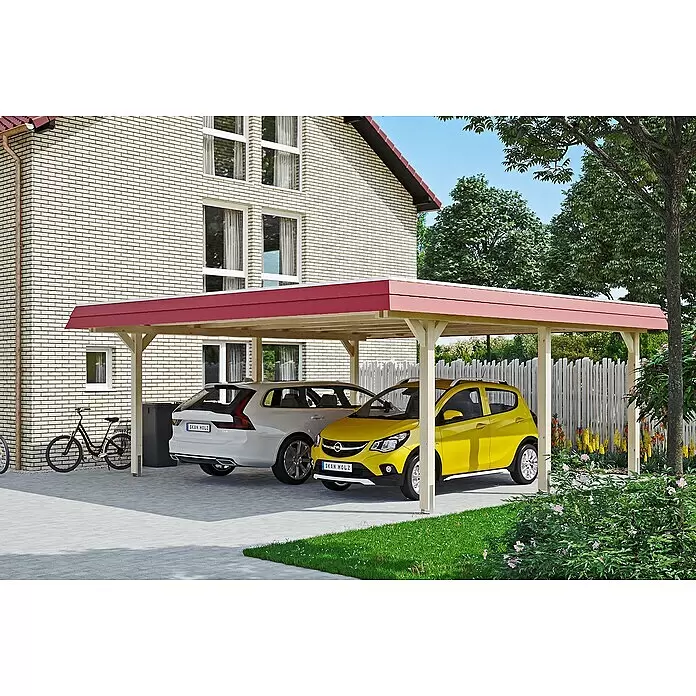 SKAN HOLZ Carport Wendland - Außenmaß inkl. Dachüberstand (B x T): 6,3 x 6,37 m, Doppelcarport, Natur, Farbe Dach: Rot, Materialspezifizierung Dach: Aluminium - Anwendungsbeispiel