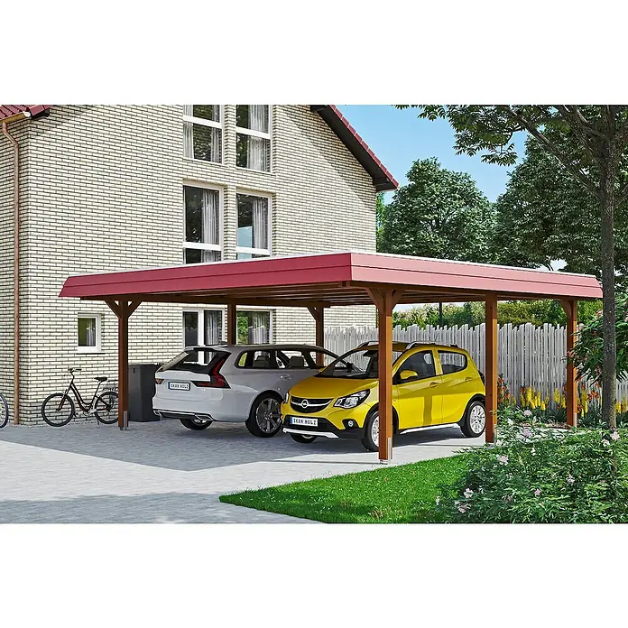 SKAN HOLZ Carport Wendland - Außenmaß inkl. Dachüberstand (B x T): 6,3 x 6,37 m, Doppelcarport, Nussbaum, Farbe Dach: Rot, Materialspezifizierung Dach: EPDM-Folie, Fichte - Ein Carport mit zwei geparkten Autos darunter, ein weißes und ein gelbes, vor einem Backsteinhaus mit Fahrrädern und Grünflächen.
