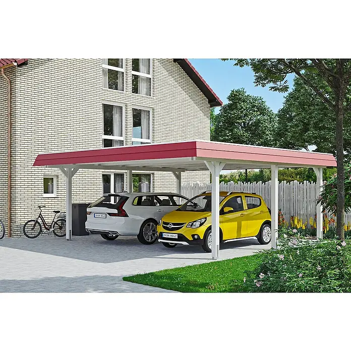 SKAN HOLZ Carport Wendland - Außenmaß inkl. Dachüberstand (B x T): 6,3 x 6,37 m, Doppelcarport, Weiß, Farbe Dach: Rot, Materialspezifizierung Dach: EPDM-Folie, Fichte - Ein Doppelcarport aus Holz mit rotem Dach schützt zwei Autos vor Wind und Wetter und bietet gleichzeitig einen optischen Mehrwert.
