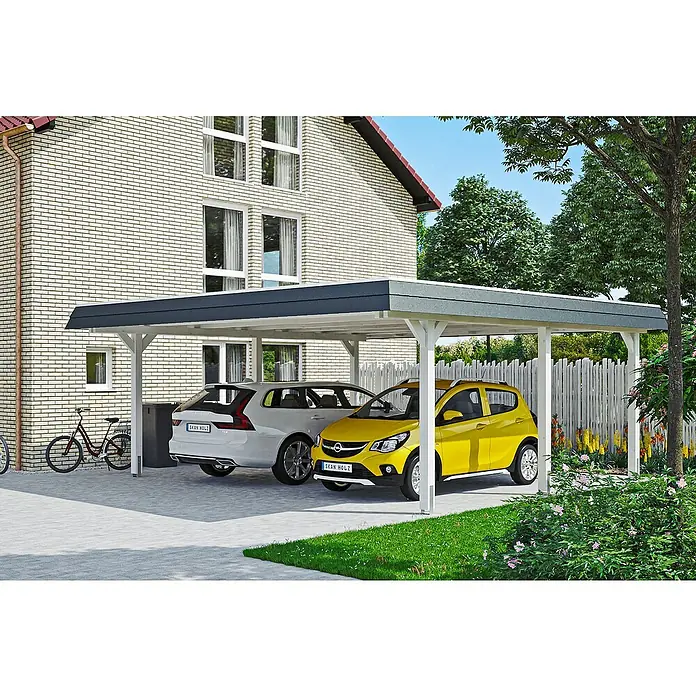 SKAN HOLZ Carport Wendland - Außenmaß inkl. Dachüberstand (B x T): 6,3 x 6,37 m, Doppelcarport, Weiß, Farbe Dach: Anthrazit, Materialspezifizierung Dach: Aluminium-Dachplatten - Ein Carport mit zwei geparkten Autos, ein weißer Volvo und ein gelber Opel, vor einem Backsteinhaus mit begrüntem Garten.