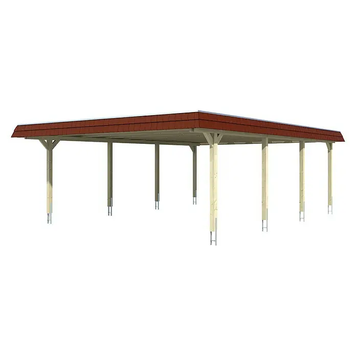 SKAN HOLZ Carport Wendland - Außenmaß inkl. Dachüberstand (B x T): 6,3 x 8,79 m, Doppelcarport, Eiche Hell, Materialspezifizierung Dach: EPDM-Folie, Fichte, Ohne Abstellraum - Abbildung eines Holzcarports mit rotem Dach und stabilen Holzpfosten, ideal für den Schutz Ihres Fahrzeugs vor Witterungseinflüssen.