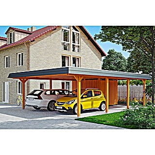 Skan Holz Carport Wendland (Außenmaß inkl. Dachüberstand (B x T): 6,3 x 8,79 m, Doppelcarport, Eiche Hell, Farbe Dach: Anthrazit, Materialspezifizierung Dach: Aluminium, Mit Abstellraum)