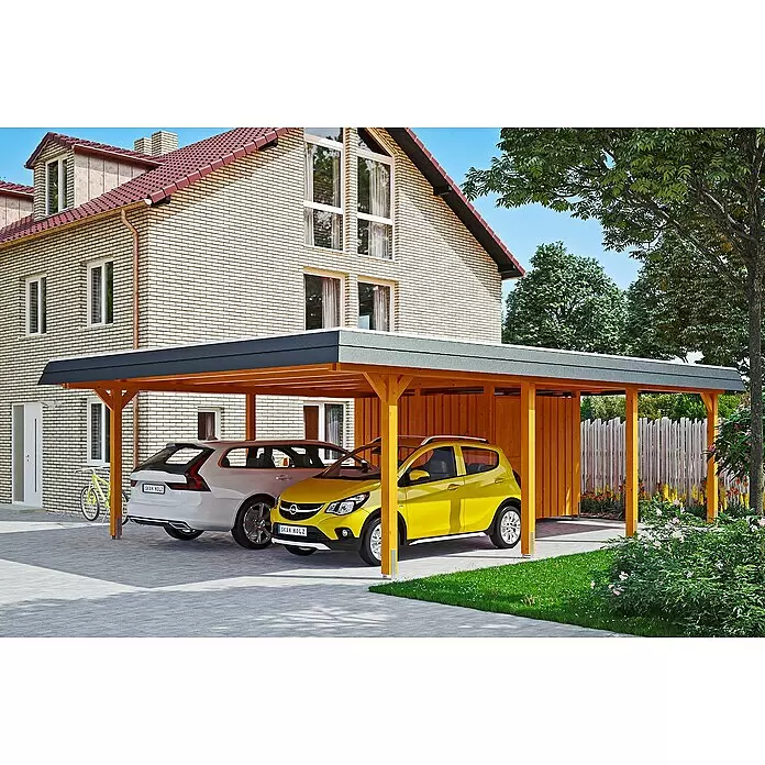SKAN HOLZ Carport Wendland - Außenmaß inkl. Dachüberstand (B x T): 6,3 x 8,79 m, Doppelcarport, Eiche Hell, Farbe Dach: Anthrazit, Materialspezifizierung Dach: Aluminium, Mit Abstellraum - Anwendungsbeispiel