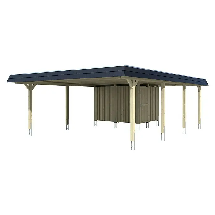 SKAN HOLZ Carport Wendland - Außenmaß inkl. Dachüberstand (B x T): 6,3 x 8,79 m, Doppelcarport, Natur, Farbe Dach: Anthrazit, Materialspezifizierung Dach: EPDM-Folie, Fichte, Mit Abstellraum - Ein Carport mit einem Geräteschuppen. Das Dach ist mit dunklen Schindeln gedeckt und die Pfosten sind aus hellem Holz gefertigt.