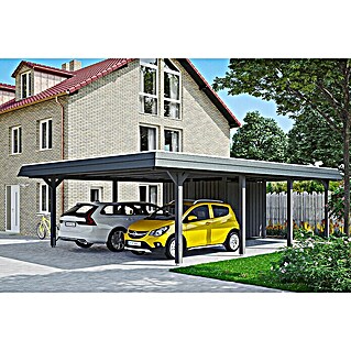 Skan Holz Carport Wendland (Außenmaß inkl. Dachüberstand (B x T): 6,3 x 8,79 m, Doppelcarport, Schiefergrau, Farbe Dach: Anthrazit, Materialspezifizierung Dach: Aluminium, Mit Abstellraum)