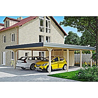 Skan Holz Carport Wendland (Außenmaß inkl. Dachüberstand (B x T): 6,3 x 8,79 m, Doppelcarport, Natur, Farbe Dach: Anthrazit, Materialspezifizierung Dach: Aluminium, Mit Abstellraum)