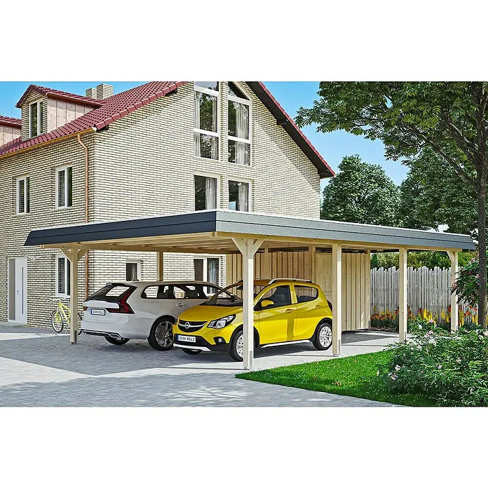 SKAN HOLZ Carport Wendland - Außenmaß inkl. Dachüberstand (B x T): 6,3 x 8,79 m, Doppelcarport, Natur, Farbe Dach: Anthrazit, Materialspezifizierung Dach: EPDM-Folie, Fichte, Mit Abstellraum - Ein modernes Carport aus Holz mit zwei Stellplätzen, ideal für den Schutz Ihrer Fahrzeuge vor Witterungseinflüssen.