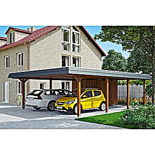 Skan Holz Carport Wendland (Außenmaß inkl. Dachüberstand (B x T): 6,3 x 8,79 m, Doppelcarport, Nussbaum, Farbe Dach: Anthrazit, Materialspezifizierung Dach: Aluminium, Mit Abstellraum)