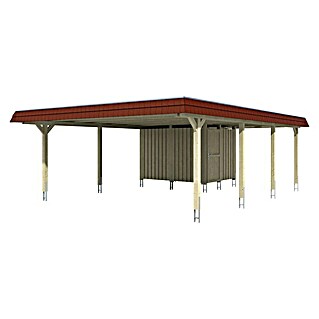 Skan Holz Doppelcarport Wendland (L x B: 879 x 630 cm, Einfahrtshöhe: 216 cm, Eiche hell/Rot, Materialspezifizierung Dach: Aluminium, Mit Abstellraum)