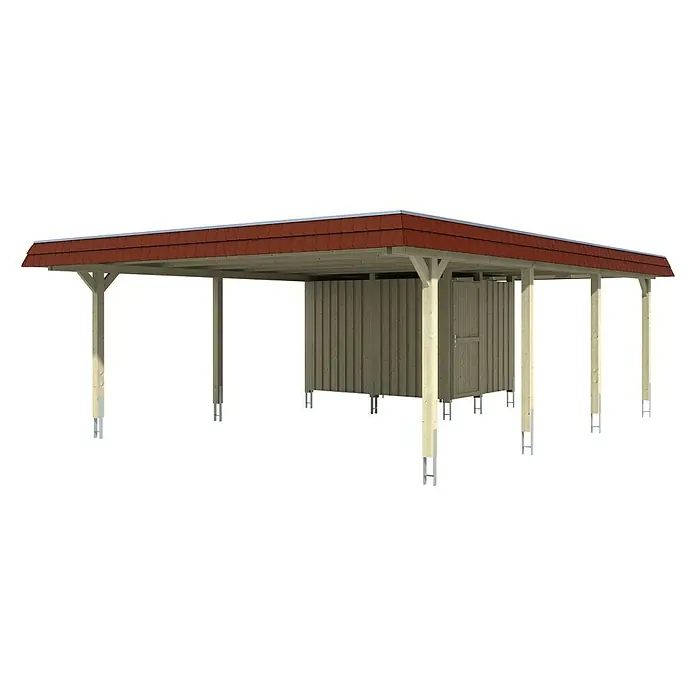SKAN HOLZ Carport Wendland - Außenmaß inkl. Dachüberstand (B x T): 6,3 x 8,79 m, Doppelcarport, Eiche Hell, Materialspezifizierung Dach: EPDM-Folie, Fichte, Mit Abstellraum - Carport mit Geräteschuppen: Optimal für den Schutz Ihres Fahrzeugs und zur Aufbewahrung von Gartengeräten. Robuste Konstruktion.