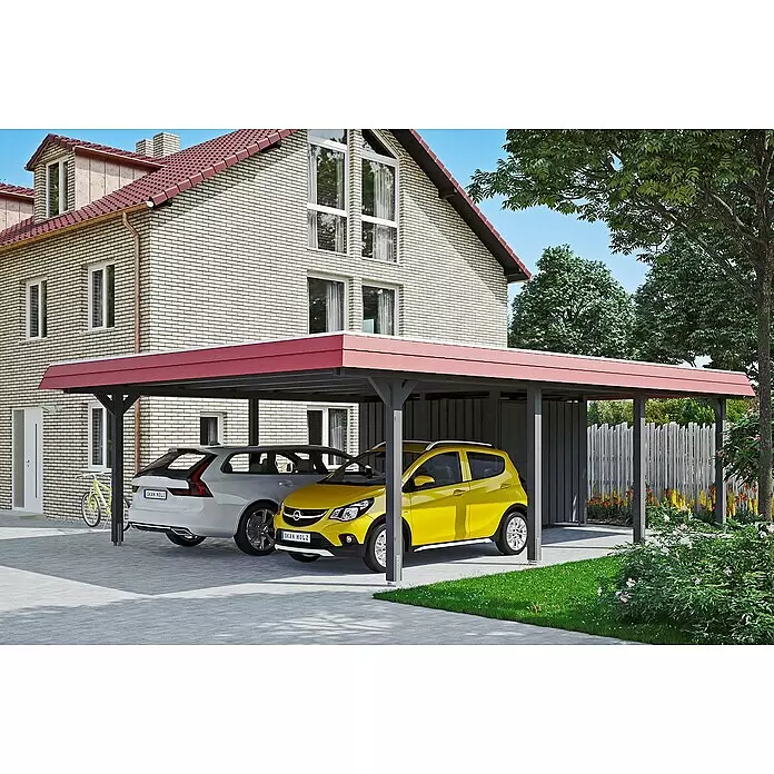 SKAN HOLZ Carport Wendland - Außenmaß inkl. Dachüberstand (B x T): 6,3 x 8,79 m, Doppelcarport, Schiefergrau, Materialspezifizierung Dach: EPDM-Folie, Fichte - Anwendungsbeispiel