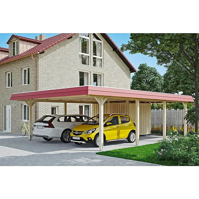 SKAN HOLZ Carport Wendland - Außenmaß inkl. Dachüberstand (B x T): 6,3 x 8,79 m, Doppelcarport, Natur, Materialspezifizierung Dach: EPDM-Folie, Fichte, Mit Abstellraum - Ein Carport mit zwei geparkten Autos, ein weißes und ein gelbes, vor einem hellen Backsteinhaus. Der Carport hat ein rotes Dach.