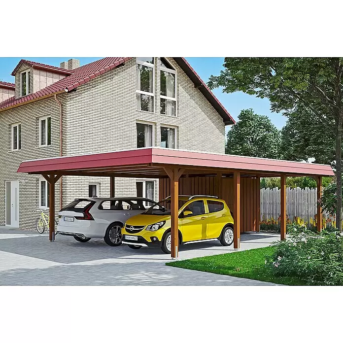 SKAN HOLZ Carport Wendland - Außenmaß inkl. Dachüberstand (B x T): 6,3 x 8,79 m, Doppelcarport, Nussbaum, Materialspezifizierung Dach: Aluminiumdachplatten, Mit Abstellraum - Anwendungsbeispiel