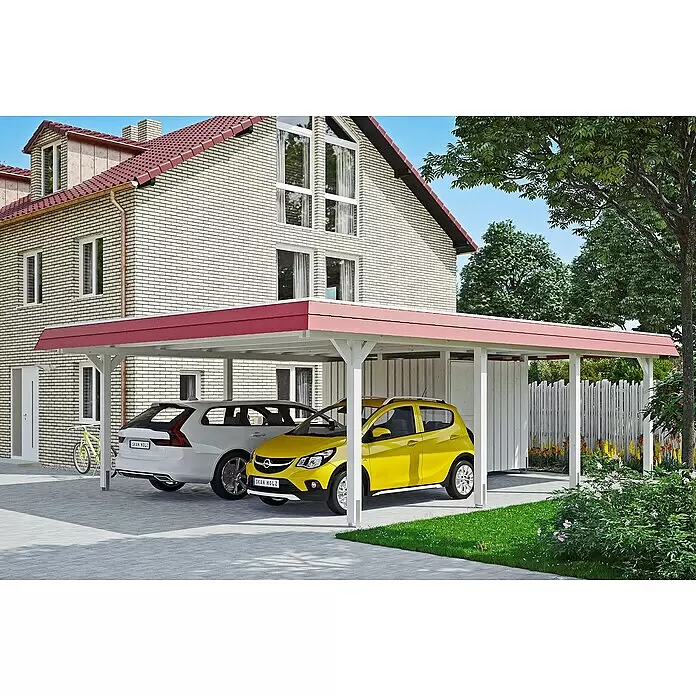 SKAN HOLZ Carport Wendland - Außenmaß inkl. Dachüberstand (B x T): 6,3 x 8,79 m, Doppelcarport, Weiß, Materialspezifizierung Dach: EPDM-Folie, Fichte, Mit Abstellraum - Anwendungsbeispiel