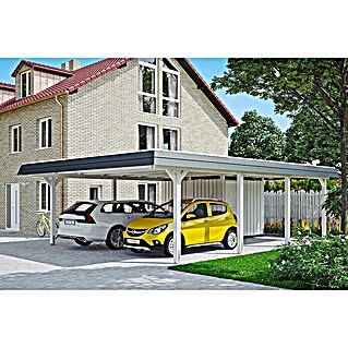 Skan Holz Carport Wendland (Außenmaß inkl. Dachüberstand (B x T): 6,3 x 8,79 m, Doppelcarport, Weiß, Farbe Dach: Anthrazit, Materialspezifizierung Dach: Fichte, Mit Abstellraum)