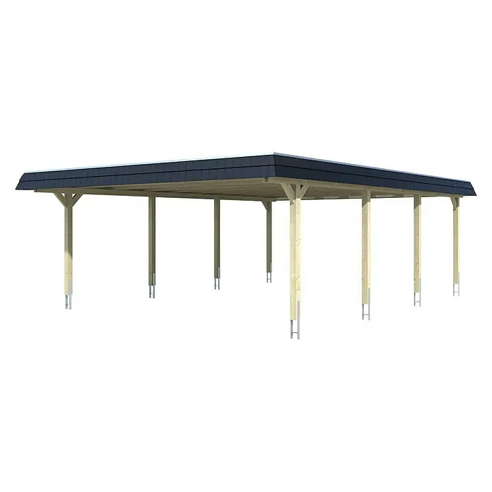SKAN HOLZ Carport Wendland - Außenmaß inkl. Dachüberstand (B x T): 6,3 x 8,79 m, Doppelcarport, Nussbaum, Farbe Dach: Anthrazit, Materialspezifizierung Dach: Aluminium-Dachplatten - Ein geräumiger Unterstand mit robusten Holzpfosten und einem dunklen, schützenden Dach. Ideal, um Fahrzeuge oder andere Gegenstände vor Witterung zu schützen.