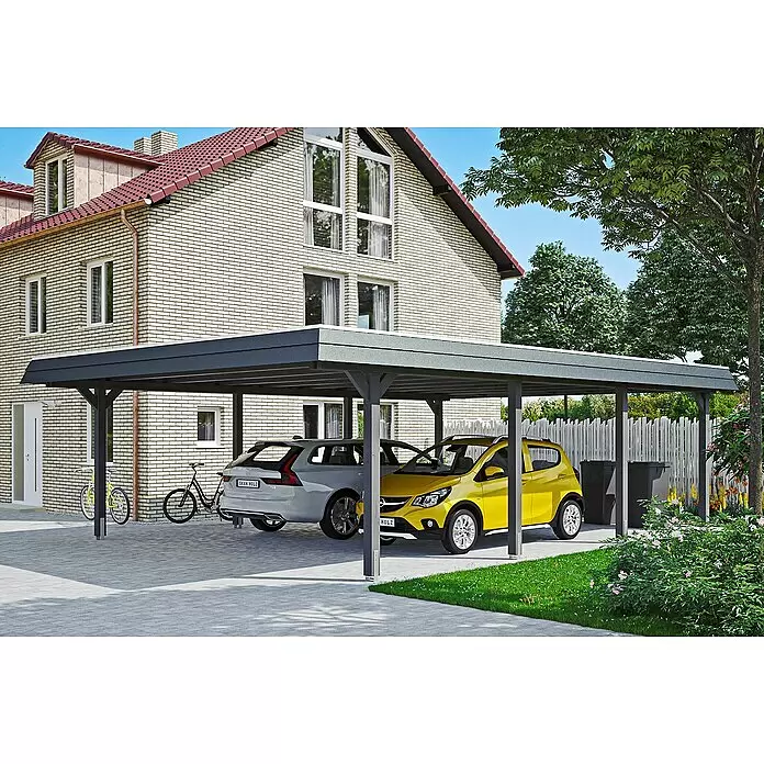 SKAN HOLZ Carport Wendland - Außenmaß inkl. Dachüberstand (B x T): 6,3 x 8,79 m, Doppelcarport, Schiefergrau, Farbe Dach: Anthrazit, Materialspezifizierung Dach: Aluminium-Dachplatten - Anwendungsbeispiel