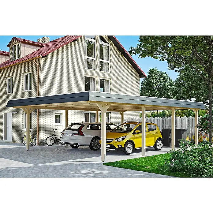 SKAN HOLZ Carport Wendland - Außenmaß inkl. Dachüberstand (B x T): 6,3 x 8,79 m, Doppelcarport, Natur, Farbe Dach: Anthrazit, Materialspezifizierung Dach: Aluminium-Dachplatten - Geräumiger Carport aus Holz mit Platz für zwei Autos, der Schutz vor Witterungseinflüssen bietet und das Fahrzeug vor Beschädigungen bewahrt.