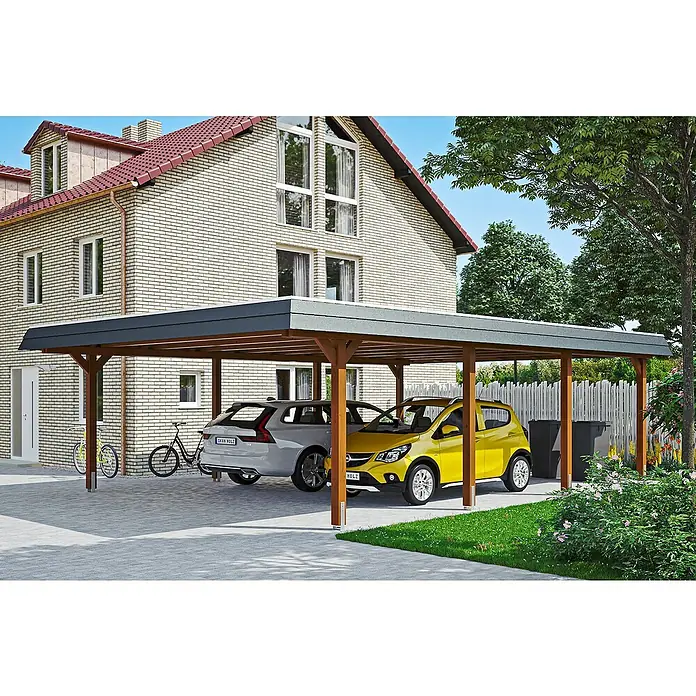 SKAN HOLZ Carport Wendland - Außenmaß inkl. Dachüberstand (B x T): 6,3 x 8,79 m, Doppelcarport, Nussbaum, Farbe Dach: Anthrazit, Materialspezifizierung Dach: Aluminium-Dachplatten - Ein Carport mit zwei Autos darunter, ein grauer Volvo und ein gelber Opel, neben einem Wohnhaus.