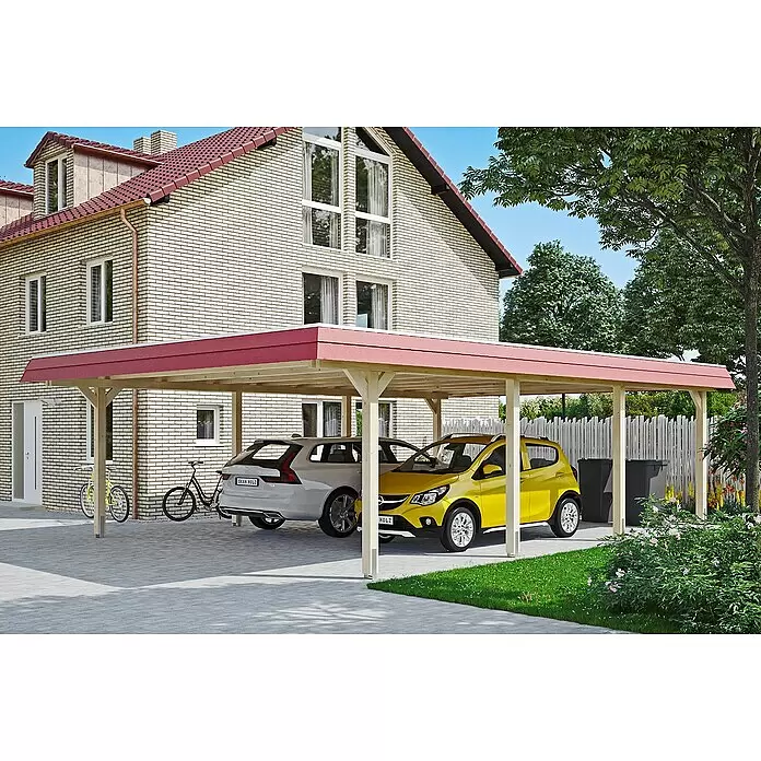 SKAN HOLZ Carport Wendland - Außenmaß inkl. Dachüberstand (B x T): 6,3 x 8,79 m, Doppelcarport, Natur, Materialspezifizierung Dach: EPDM-Folie, Fichte, Ohne Abstellraum - Anwendungsbeispiel