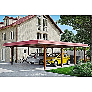 Skan Holz Carport Wendland (Außenmaß inkl. Dachüberstand (B x T): 6,3 x 8,79 m, Doppelcarport, Nussbaum, Materialspezifizierung Dach: EPDM-Folie, Ohne Abstellraum)