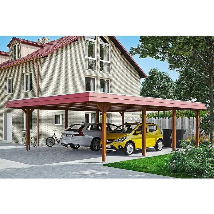 SKAN HOLZ Carport Wendland - Außenmaß inkl. Dachüberstand (B x T): 6,3 x 8,79 m, Doppelcarport, Nussbaum, Materialspezifizierung Dach: EPDM-Folie, Fichte, Ohne Abstellraum - Ein Doppelcarport aus Holz schützt zwei Autos vor den Elementen und bietet zusätzlichen Platz für Fahrräder.