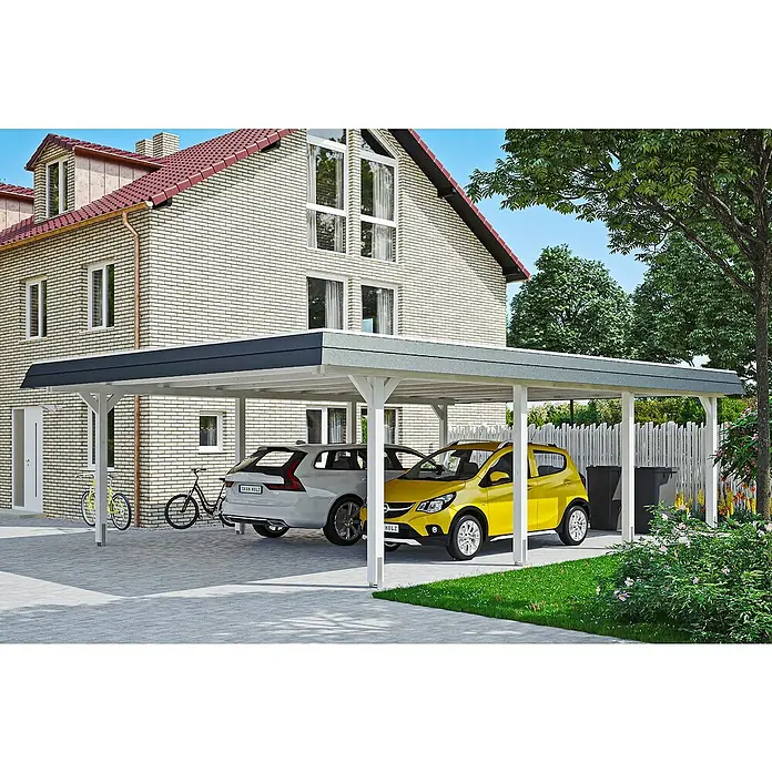 SKAN HOLZ Carport Wendland - Außenmaß inkl. Dachüberstand (B x T): 6,3 x 8,79 m, Doppelcarport, Weiß, Farbe Dach: Anthrazit, Materialspezifizierung Dach: Aluminium-Dachplatten - Carport mit zwei Autos darunter. Das Carport hat ein modernes Design mit weißen Pfosten und einem dunklen Dach.