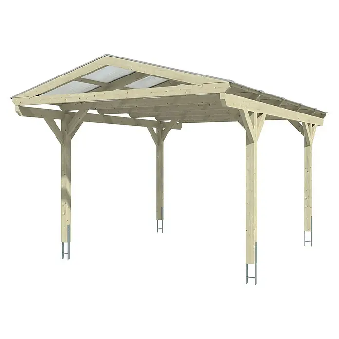 SKAN HOLZ Carport Westerwald - Außenmaß inkl. Dachüberstand (B x T): 3,62 x 5,41 m, Einzelcarport, Weiß - Das Bild zeigt ein Carport mit Holzrahmen und transparentem Dach. Die Konstruktion bietet Schutz vor Witterungseinflüssen und ist stabil gebaut.