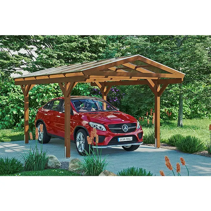 SKAN HOLZ Carport Westerwald - Außenmaß inkl. Dachüberstand (B x T): 3,62 x 5,41 m, Einzelcarport, Nussbaum - Dieses Bild zeigt ein Skan Holz Carport aus Holz mit einem roten Auto darunter. Der Carport bietet Schutz vor Witterungseinflüssen.