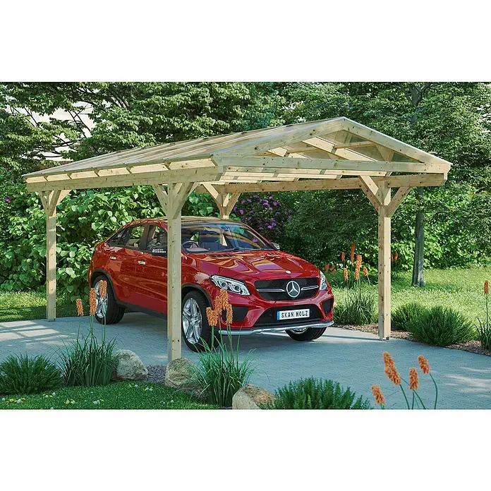 SKAN HOLZ Carport Westerwald - Außenmaß inkl. Dachüberstand (B x T): 3,62 x 6,48 m, Einzelcarport, Natur - Das Bild zeigt ein Carport aus Holz mit einem roten Mercedes darunter. Das Carport bietet Schutz vor Witterungseinflüssen und ist eine praktische Ergänzung.