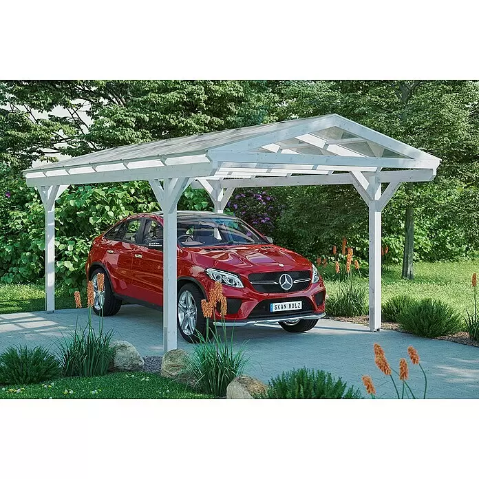 SKAN HOLZ Carport Westerwald - Außenmaß inkl. Dachüberstand (B x T): 3,62 x 6,48 m, Einzelcarport, Weiß - Anwendungsbeispiel